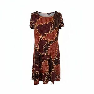 MSK Chain Print Dress Brown Black Gold Geometric Short Sleeve Stretchy Shift